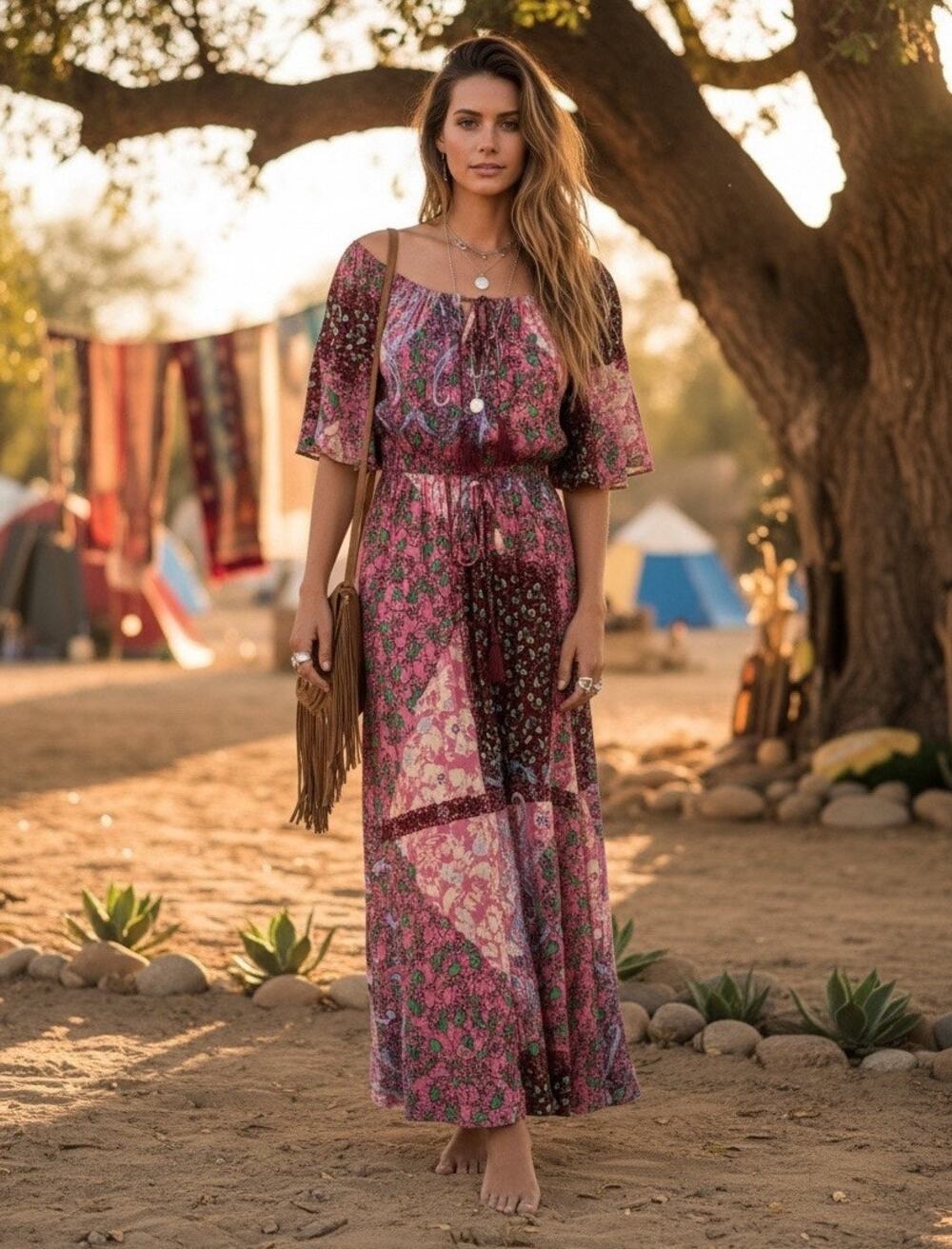 Patchwork Print Fairycore Boho Maxi Dress